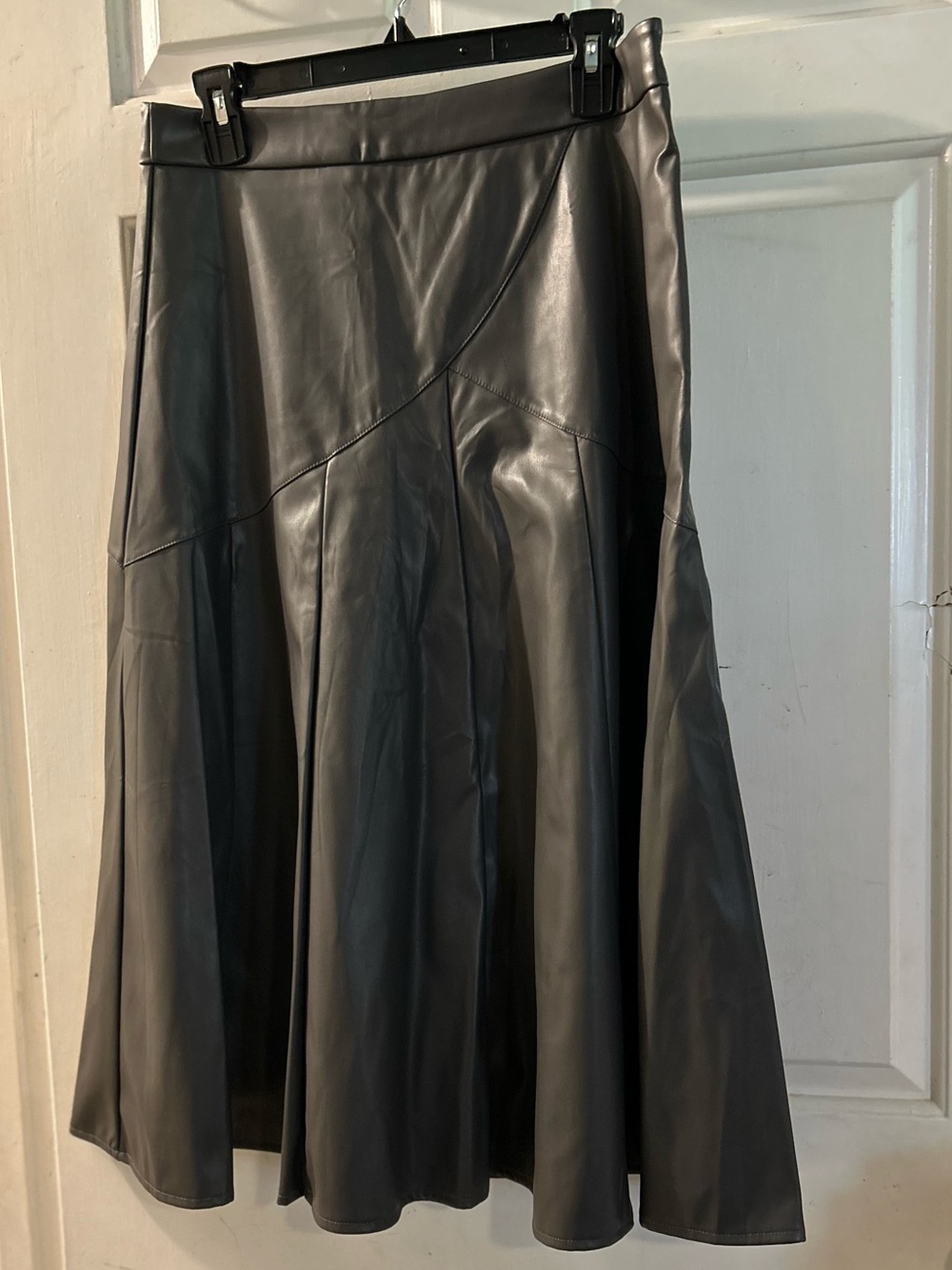 Black Faux Leather A-Line Midi Skirt with Flared Panels